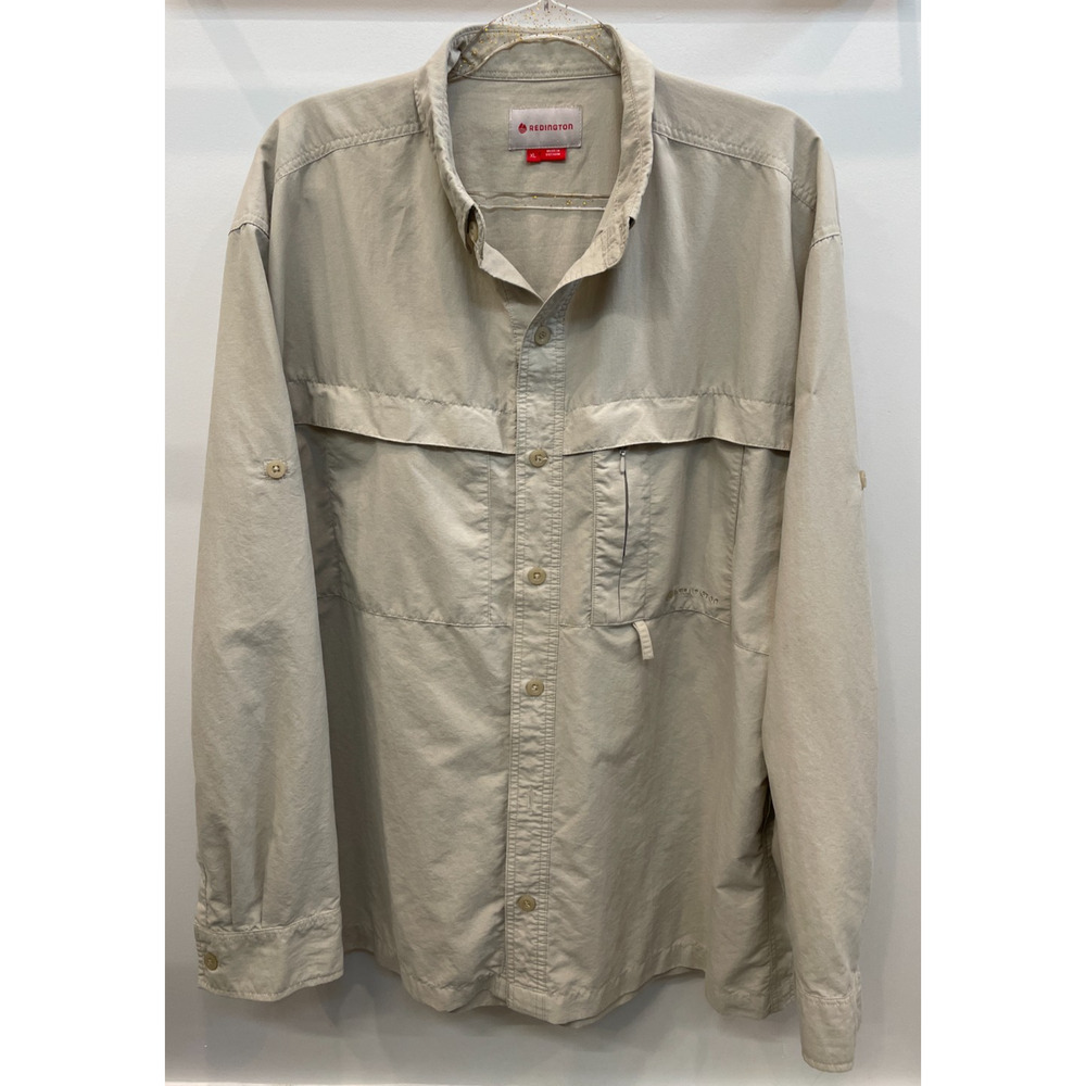 Redington Button Up Shirt Men XL Beige Utility Pockets Outdoor Fishing Casual